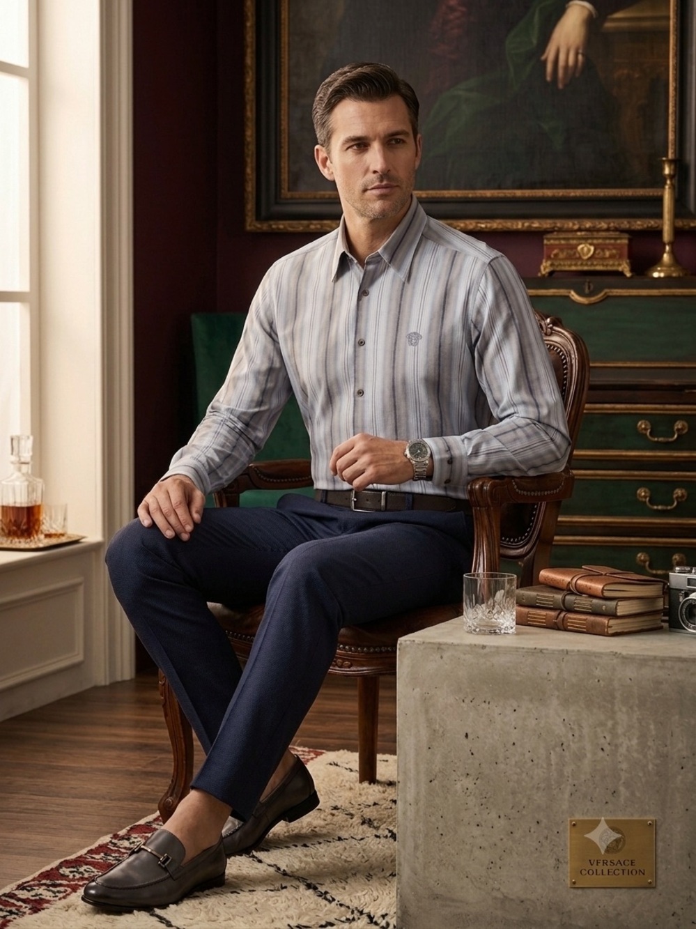 Versace Collection Men's Gray and Blue Striped Shirt